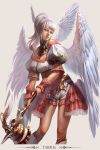  angel angel_wings aqua_eyes bare_shoulders copyright_request fantasy grey_hair hammer hong_yu_cheng low_wings midriff shorts simple_background weapon wings 