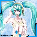  1girl aqua_eyes aqua_hair armpits azki bare_shoulders blue_nails breasts cleavage dress eyeshadow hair_ornament hand_on_headphones hatsune_miku headphones listening_to_music long_hair makeup nail_polish product_placement sennheiser solo sundress twintails very_long_hair vocaloid yellow_dress 