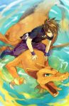  brown_hair charizard dragon fanny_bag fanny_pack fire flying green_eyes jewelry looking_at_viewer necklace nuriko-kun ookido_green pokemon pokemon_(game) pokemon_hgss riding shirt spiked_hair spiky_hair wristband 
