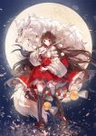  animal_ears brown_hair full_moon japanese_clothes long_hair moon night night_sky original red_eyes skirt sky solo susu sword thigh-highs thighhighs weapon wolf 