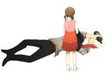  1girl bottle brown_hair doujima_nanako doujima_ryoutarou dress drunk father_and_daughter from_behind mushisotisis on_stomach persona persona_4 short_twintails spilling twintails 