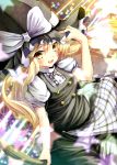  1girl apron black_dress blonde_hair bow dress hand_on_hat haruno_nanakusa hat hat_bow kirisame_marisa long_hair looking_at_viewer open_mouth puffy_sleeves short_sleeves smile solo star touhou waist_apron witch_hat yellow_eyes 