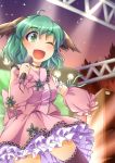  ;d adapted_costume ahoge animal_ears arm_garter black_legwear blush choker detached_sleeves fun_bo green_eyes green_hair holding kasodani_kyouko microphone open_mouth short_hair singing smile solo speaker stage stage_lights symbol-shaped_pupils thigh-highs thighhighs touhou wink 