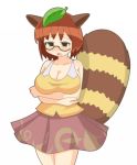  animal_ears blush breast_hold breasts brown_hair chikama_(hyzyo) futatsuiwa_mamizou glasses large_breasts leaf leaf_on_head open_mouth raccoon_tail short_hair simple_background skirt solo tail touhou white_background 