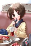  absurdres blush brown_eyes brown_hair cardigan cup eating food fork fruit highres kanon_(kurogane_knights) open_cardigan osanai_yuki school_uniform serafuku shoushimin_series strawberry strawberry_tart 