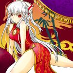 ass bow breasts china_dress chinese_clothes cleavage cleavage_cutout earrings fujiwara_no_mokou hair_bow jewelry long_hair red_eyes side_slit silver_hair solo touhou very_long_hair yugamu 