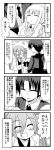  1boy 2girls 4koma ^_^ closed_eyes comic dress_shirt eyebrows fang glasses labcoat long_hair minami_(colorful_palette) monochrome multiple_girls necktie open_mouth original ponytail shirt smile tailcoat translation_request twintails 
