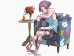  alternate_costume alternate_hairstyle blue_eyes blush book casual chair crescent flower glasses hair_bun looking_at_viewer open_book patchouli_knowledge purple_hair rose shiba_murashouji short_hair sitting solo striped striped_legwear thigh-highs thighhighs touhou vase white_background 