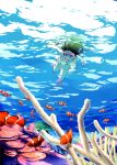  andou_chikanori bikini blue_eyes bracelet clownfish coral diving diving_mask fish flippers freediving ganaha_hibiki highres idolmaster jewelry ocean snorkel swimming swimsuit underwater 