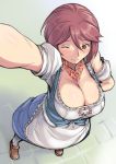  adult apron arm_behind_back arm_up bar_maid bare_shoulders blush breasts brown_hair cleavage dirndl flower_necklace from_above large_breasts off_shoulder oktoberfest pantyhose red_eyes rozen_maiden rozenweapon short_hair smile solo souseiseki waist_apron white_legwear wink 