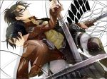  1boy 1girl belt black_eyes black_hair boots glasses hanji_zoe jacket kanasuke levi_(shingeki_no_kyojin) shingeki_no_kyojin short_hair sword thigh_strap three-dimensional_maneuver_gear weapon wire 