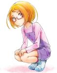  blonde_hair brown_eyes glasses kurocchirokko looking_at_viewer pink-framed_glasses precure shirabe_ako short_hair shorts solo squatting suite_precure white_background 