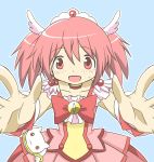  :3 :d blue_background bowtie brooch candy_(smile_precure!) candy_(smile_precure!)_(cosplay) choker color_connection cosplay creature cure_happy cure_happy_(cosplay) dress highres jewelry jinusunako kaname_madoka kyubey magical_girl mahou_shoujo_madoka_magica open_mouth pink_dress pink_eyes pink_hair precure short_hair short_twintails skirt smile smile_precure! sunafuki666 tiara twintails wrist_cuffs 