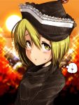  1girl ? blonde_hair blush breasts bust crescent flying_sweatdrops harusame_(unmei_no_ikasumi) hat looking_at_viewer lunasa_prismriver ribbed_sweater short_hair solo sweatdrop sweater touhou turtleneck yellow_eyes 