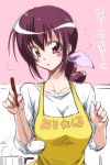 1girl apron breasts cooking female hair_ribbon hoshizora_ikuyo ladle large_breasts long_hair looking_at_viewer mikagami_sou pink_eyes pink_hair ponytail precure ribbon smile_precure! solo text translation_request 