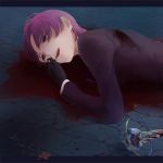  bazett_fraga_mcremitz blood earrings fate/hollow_ataraxia fate_(series) formal fragarach gloves jewelry mspn pant_suit pool_of_blood purple_eyes purple_hair short_hair solo suit violet_eyes 