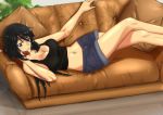  1girl bare_shoulders black_eyes black_hair breasts cellphone cleavage couch crossed_legs female highres infinite_stratos large_breasts legs_crossed long_hair lying midriff navel open_fly orimura_chifuyu phone pillow primariest short_shorts shorts smile solo tank_top taut_shirt unzipped 