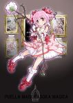  blush bow bow_(weapon) bubble_skirt choker flower gloves hair_bow highres kaname_madoka kneehighs magical_girl mahou_shoujo_madoka_magica mary_janes pink_hair pink_rose red_eyes rose s040784 shoes short_hair short_twintails skirt smile solo soul_gem title_drop twintails weapon white_gloves white_legwear 