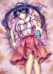  backpack bag bakemonogatari bandaid black_hair blue_eyes cosplay hachikuji_mayoi hachikuji_mayoi_(cosplay) long_hair lying monogatari_(series) panties pantyshot ryo_(sora-ryu) senjougahara_hitagi stapler twintails underwear 