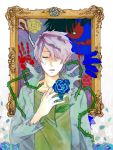  1boy blue_rose closed_eyes elaborate_frame eyes_closed flower frame garry_(ib) hair_over_one_eye ib painting purple_hair red_rose rose tears tegaki thorns yellow_rose 