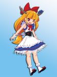  alternate_costume blue_background bobby_socks bow dei_shirou dress fang gradient gradient_background hair_bow highres horn_ribbon horns ibuki_suika long_hair open_mouth orange_hair red_eyes ribbon shoes simple_background sleeveless smile socks solo touhou wrist_cuffs 