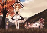  alice_margatroid anachronism apron blonde_hair bow braid brown_hair car cloud clouds detached_sleeves female grass hair_bow hairband hakurei_reimu hat kirisame_marisa motor_vehicle mountain multiple_girls pantyhose patchouli_knowledge perspective purple_hair sign sky stop_sign stretch touhou tree vehicle volkswagen_beetle white_legwear witch_hat xiao_qiang_(overseas) 