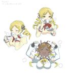  blush breasts bust clone closed_eyes cup drinking eyes_closed holding magical_girl mahou_shoujo_madoka_magica nao-08 open_mouth pouring simple_background smile solo splashing steam tea teacup tomoe_mami translated white_background 
