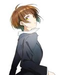 1girl bad_id brown_hair female formal from_behind kazu_sanbon looking_back parted_lips psycho-pass short_hair simple_background solo tsunemori_akane upper_body white_background yellow_eyes