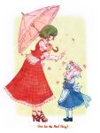  apron arms_up artificial_flower ascot blue_dress child colored_pencil_(medium) commentary dress flower flower_wreath green_hair hair_over_eyes hands_on_head head_wreath high_heels izayoi_sakuya juliet_sleeves kazami_yuuka long_sleeves maid multiple_girls open_shoes open_vest outstretched_arm outstretched_hand parasol puffy_sleeves shirt shoes short_sleeves silver_hair skirt skirt_set song_lyrics terajin touhou traditional_media umbrella waist_apron young 