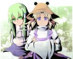  bad_id blonde_hair crossed_arms detached_sleeves frog_hair_ornament green_eyes green_hair hair_ornament hair_ribbon hair_tubes hat ibuki_notsu kochiya_sanae long_hair moriya_suwako multiple_girls purple_eyes ribbon short_hair smile snake snake_hair_ornament touhou violet_eyes 