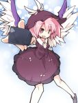  arai_seiryuu bad_id bow breasts cleavage colored dress fang frilled_dress frills hat highres ibuki_notsu microphone mystia_lorelei outstretched_arm outstretched_hand pink_hair shoes short_hair smile solo touhou vest wings 