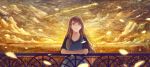  bou_nin brown_eyes brown_hair clouds grass highres long_hair long_image original petals scenery scenic sky solo star stars sunset wide_image 