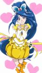  1girl blue_eyes blue_hair boots bow brooch bubble_skirt butterfly butterfly_hair_ornament choker circlet cure_aqua cure_muse_(yellow) cure_muse_(yellow)_(cosplay) dress earrings frills hair_ornament happy jewelry long_hair looking_at_viewer magical_girl minazuki_karen ponytail precure ribbon shirabe_ako smile solo suite_precure taroimo_(takesan) very_long_hair yellow_dress yes!_precure_5 