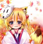  animal_ears blonde_hair blue_eyes blush faux_traditional_media fox_ears fox_mask fox_tail hair_bobbles hair_ornament japanese_clothes leaf looking_at_viewer lowres maple_leaf mask original oshiruko_(uminekotei) short_hair side_ponytail solo tail 