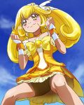  bike_shorts blonde_hair blush_stickers choker cloud clouds cure_peace haruyama kise_yayoi long_hair magical_girl ponytail precure shorts_under_skirt skirt sky smile_precure! solo tiara upskirt yellow_bike_shorts yellow_eyes 