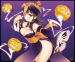  :d black_hair blush border bottomless braid breasts cleavage fang gradient gradient_background hat jack-o&#039;-lantern jack-o'-lantern jiangshi kayou_(artist) large_breasts long_hair looking_at_viewer mound_of_venus no_panties ofuda open_mouth original outstretched_arm purple_background red_eyes signature smile solo twin_braids wide_hips 
