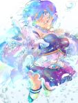  blue_eyes blue_hair breasts bubble cape gloves hair_ornament hair_over_one_eye hairclip magical_girl mahou_shoujo_madoka_magica miki_sayaka open_mouth outstretched_hand pleated_skirt short_hair skirt solo tagada thigh-highs thighhighs white_background white_legwear 