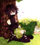  against_tree bare_shoulders black_hair creeper enderman flat_chest flower flower_wreath grass green_hair head_wreath high_collar hoodie minecraft multiple_girls personification purple_eyes rooseputo_02 shadow short_hair sleeping sparkle tree violet_eyes 