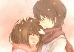  1girl :d ^_^ black_eyes black_hair blush brown_hair closed_eyes couple eyes_closed hand_on_another&#039;s_head hand_on_another's_head open_mouth original petals pochi_(poti1990) scarf short_hair smile wind 