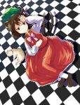  1girl animal_ears brown_eyes brown_hair cat cat_ears cat_tail checkered checkered_floor chen dress hamakenn hat hat_removed headwear_removed highres looking_at_viewer multiple_tails short_hair smile solo tail touhou 