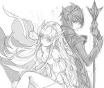  1girl armor breasts c.c. cleavage code_geass creayus lelouch_lamperouge long_hair monochrome sketch weapon 
