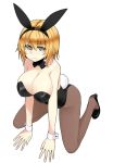  alice_margatroid animal_ears bare_shoulders blonde_hair breasts bunny_ears bunny_tail bunnysuit cleavage cuff_links detached_collar female huge_breasts kamata_yuuya pantyhose rabbit_ears short_hair simple_background solo tail touhou white_background wrist_cuffs yellow_eyes 
