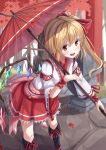  :d alternate_costume blonde_hair blush flandre_scarlet gurasion_(gurasion) highres holding looking_at_viewer miko open_mouth red_eyes side_ponytail skirt smile solo touhou umbrella wings 