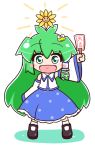  1girl ?????? blush_stickers chibi comic detached_sleeves flower flower_on_head frog_hair_ornament gohei green_eyes green_hair hair_ornament heart heart_in_mouth kochiya_sanae long_hair mutansan_pepushi no_nose omikuji open_mouth pixiv_thumbnail smile snake snake_hair_ornament solo touhou white_background ã§â€žâ¡ã§â€šâ­ã©â€¦â¸ã£ââºã£ââ·ã£ââ€” 