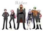  2girls 4boys fate/apocrypha fate/extra fate/prototype fate/stay_night fate/zero fate_(series) formal green_hair multiple_boys multiple_girls pink_hair purple_hair redhead rider rider_(fate/extra) rider_(fate/prototype) rider_(fate/zero) rider_of_black rider_of_red shimaneko suit 