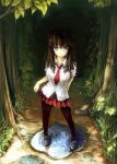  blue_eyes brown_hair dress_shirt forest loafers long_hair messy_hair nagamine_(catoko) nature necktie original pantyhose path pleated_skirt puddle shirt shoes skirt skirt_hold solo tree water_drop wet wet_hair 