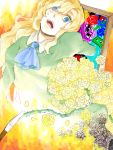  blonde_hair blue_eyes fire flower ib knife long_hair mary_(ib) open_mouth painting rose scalpel spoilers tears tegaki thorns yellow_rose 