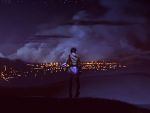  bare_shoulders bracelet city_lights cloud clouds from_behind guitar highres instrument jewelry night night_sky original short_hair shorts sky thomas_caleb watermark 