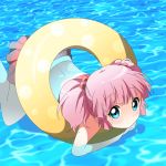  1girl blue_eyes derivative_work dogakobo hair_bobbles hair_ornament ichijinsha innertube looking_at_viewer moe partially_submerged pink_hair solo spiceg swimming swimsuit twintails water yoshikawa_chinatsu yuru_yuri 