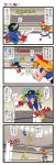  4koma blonde_hair blue_hair bow clenched_teeth closed_eyes comic crowd dei_shirou flying food fruit hair_bow hat highres hinanawi_tenshi horn_ribbon horns ibuki_suika long_hair long_sleeves low-tied_long_hair multiple_girls peach red_eyes ribbon shirt skirt thigh-highs thighhighs touhou translated translation_request white_legwear wrestling_outfit wrestling_ring wrist_cuffs wrist_ribbon 